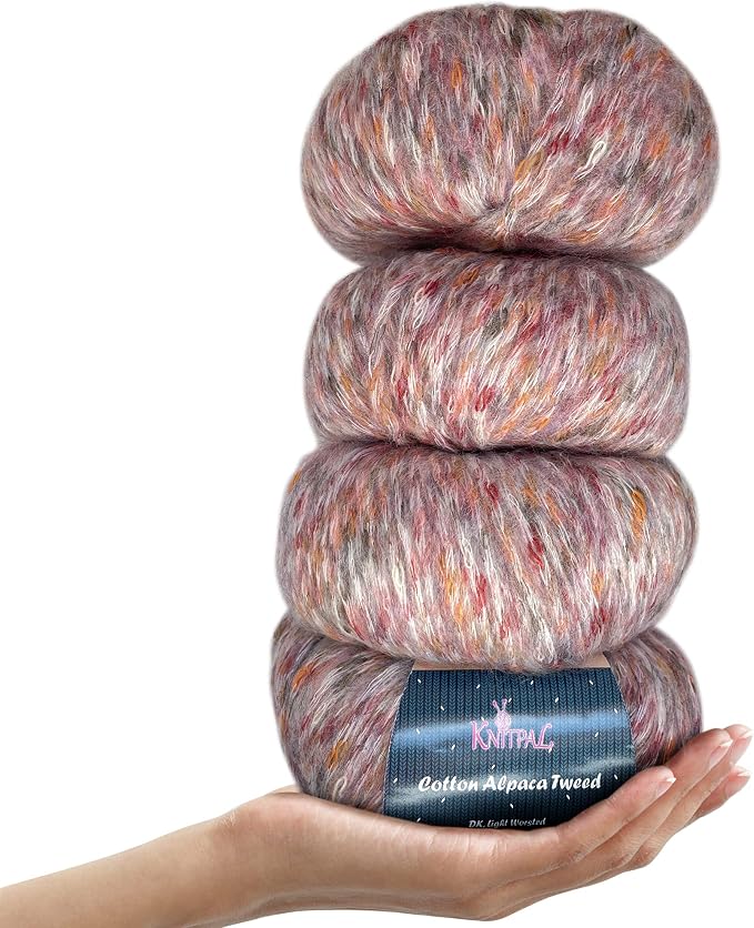 Cotton Alpaca Tweed DK Alpaca Yarn, 4-Pack (588Yds/200G), White Autumn | Soft Alpaca Tweed Yarn for Crocheting with Free Patterns - 3 DK Light Worsted Weight Yarn for Knitting by KnitPal