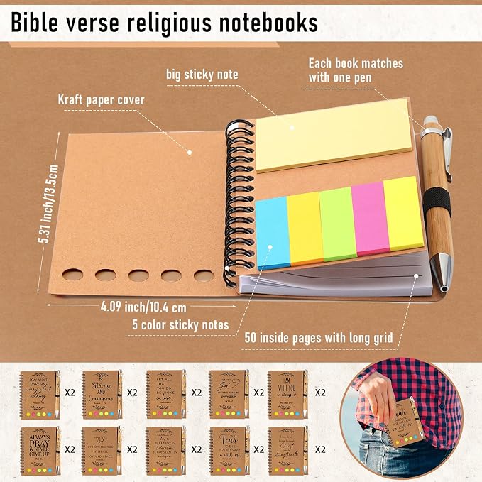 Kosiz 40 Pcs/20 Set Christian Gift Bulk, Bible Verse Bamboo, Kraft | Spiral Notebooks with Pens, Inspirational Bible Verse Design, Back to School Gifts, for Church, School, Teachers, Coworkers - Image 2