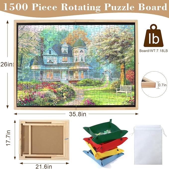 Puzzle Board, Tilting & Rotating Wooden Jigsaw Puzzle Table 1500 Pieces with 4 Non-Woven Drawers, 36"×26" Portable Puzzle Board Foldable with Upgraded Lazy Susan for Adults & Kids, Gift for Mum - Image 5