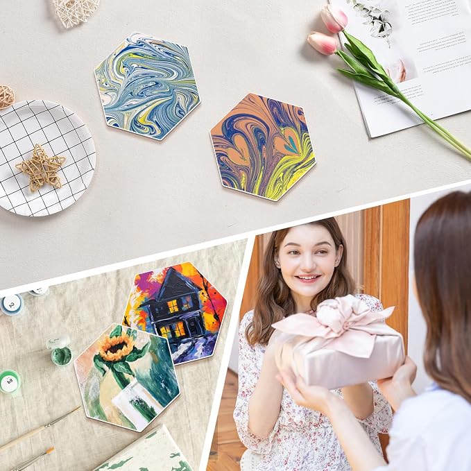 50 Pack 4 Inch Hexagon Ceramic Tiles for Crafts, Unglazed | Blank Ceramic Coasters with Cork Backing Pad, Perfect for Painting, Alcohol Ink, Acrylic Pouring - DIY Coaster - Image 7