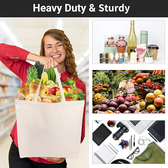 Segarty 3PCS 16.5x13 inch Natural Heavy DIY Tote for Crafting, Ironing and Embroidering, White Canvas Reusable Grocery Shopping Bag with Zipper - Image 3