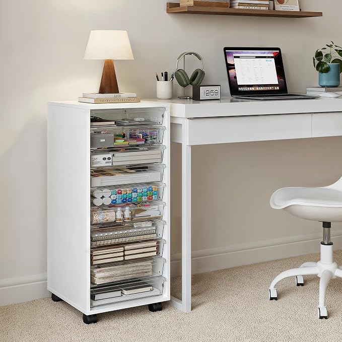 Storage Drawer Cart, Mobile Storage Cabinet, Makeup Storage with 10 Large Clear Drawers, Utility Wooden Rolling Cart on Wheels, for Cosmetic, Art Craft, Office Supplies, Toy, White - Image 6