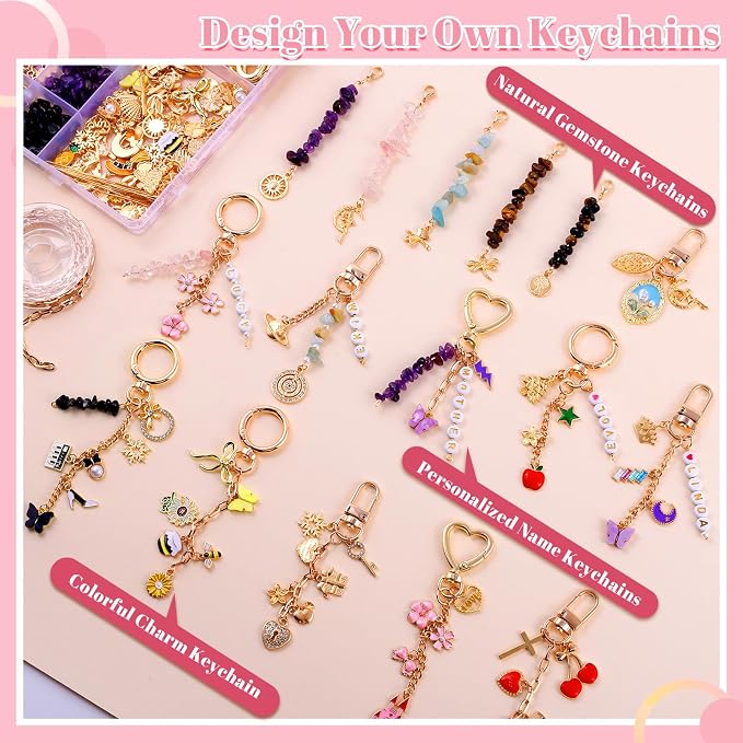 907 Pcs Lipgloss Keychain Making Kit,Bag Charm Kit with Crystal Stone | with 5 Colors Crystal Stones,Charms,Key Rings,Clips,Pliers,Letter Beads,Manual,Gift Bag,Extender Chain for DIY Crafting - Image 4