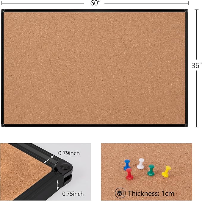 Extra Large Cork Bulletin Board 60" X 36", Black Aluminum Framed 5'x3' Corkboard for Wall, Wall Mounted Notice Pin Board with 18 Push Pins for School, Home & Office - Image 6