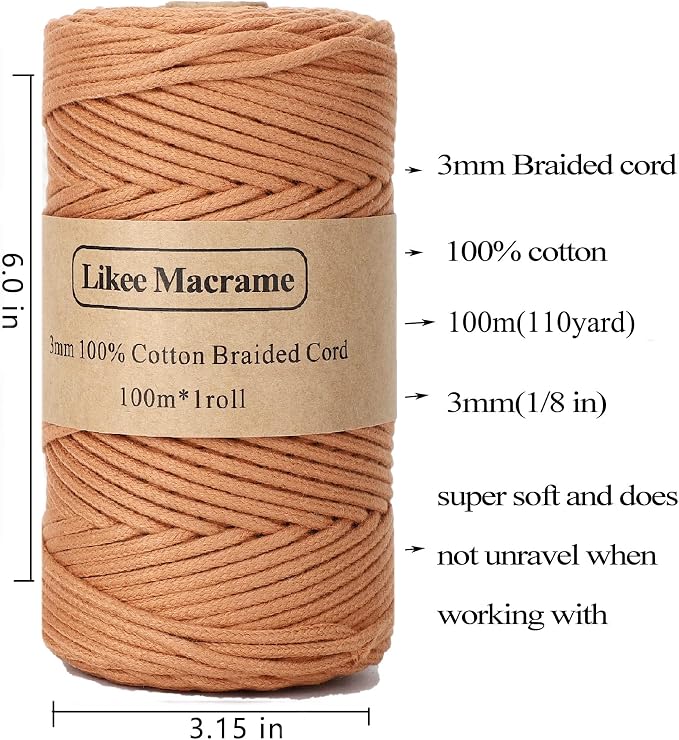 Likeecords 2 Skeins Braided Macrame Cotton Cord 3mm x 100m, Colorful Craft Cord for Bag, Wall Hanging, Plant Hangers, Crafts, Knitting (Camel) - Image 2