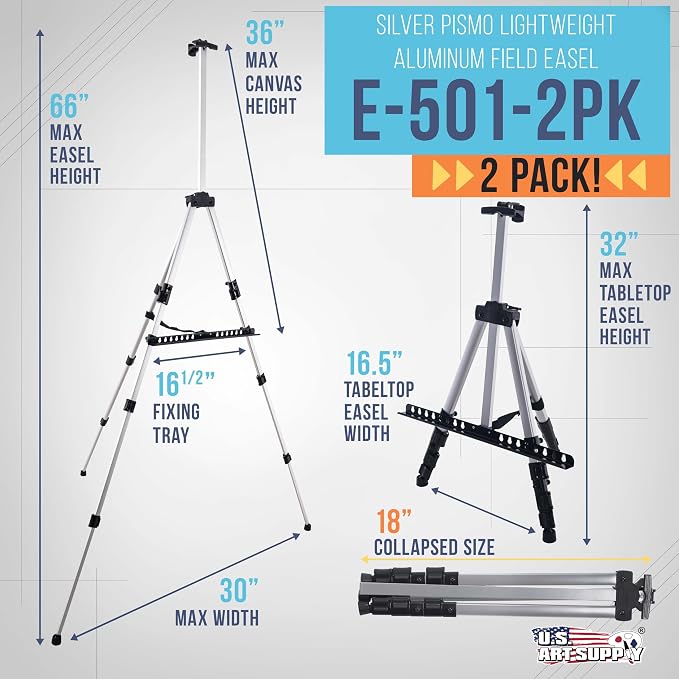 U.S. Art Supply 66" Silver Metal Tripod Easel Display (2 Pack) - Adjustable 18"- 5.5', Holds 36" Canvas - Floor/Tabletop Easel Stand, for Sign Display, Painting, Poster Board, Canvas - Portable Bag - Image 2