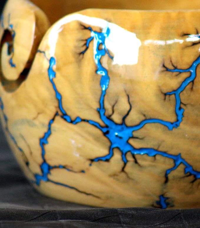 Lichtenberg Figure Yarn Bowl - Handmade Wooden Yarn Bowl for Knitting Yarn Ball Holder - Yarn Bowls with Holes Crochet Bowl Holder - Yarn Storage Bowl 7" x 4" inches (Blue-B) - Image 2