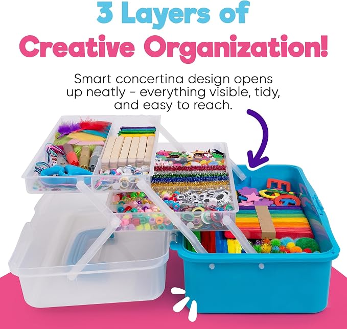Blue Squid Arts & Crafts Box (Blue)- 2800+ pcs Deluxe Craft Supplies Box, 2 Drawers, 18 Compartments, Sturdy Handle - Art Crafting Kit Birthday Gifts for Kids, School Supply for Ages 4-12 - Image 2