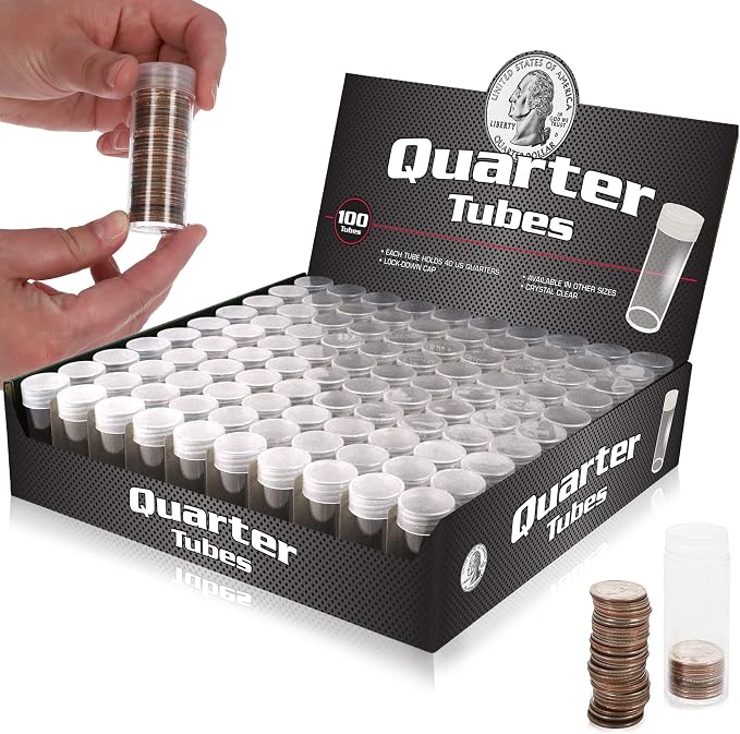 BCW Quarter Coin Tubes for Washington Quarters, Screw-On Caps, 100 Pack | Each clear tube holds 40 unwrapped 24.3 mm US Washington quarters with a secure screw-on cap for organized storage. by BCW