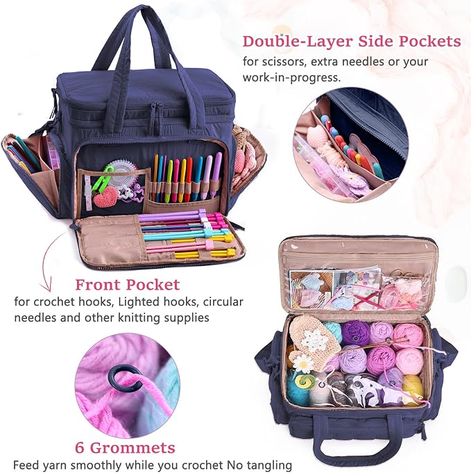 MYBAGZING Large Knitting & Crochet Bag Organizer for Yarn Storage, Double-Layer Knitting Project Bag with 6 Grommets, Yarn Organizer Tote for Knitting Supplies Crochet Hooks & Accessories Gift for Mom - Image 4
