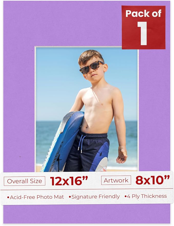 8x10 Mat for 12x16 Frame - Precut Mat Board Acid-Free Light Purple 8x10 Photo Matte For a 12x16 Picture Frame, Premium Matboard for Family Photos, Show Kits, Art, Picture Framing, Pack of 1 Mat by PosterPalooza