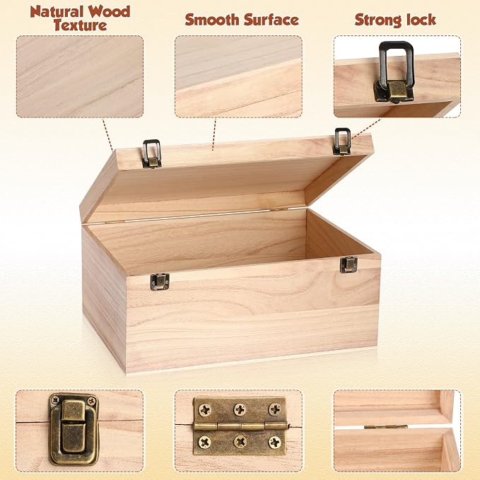 Wesiti 2 Pcs Unfinished Wooden Box 14 x 10 x 6.5 Inch Treasure Chest Craft Box with Hinged Lid Rustic Large Paint Box Stash Crate for Storage Carving DIY Gift - Image 4