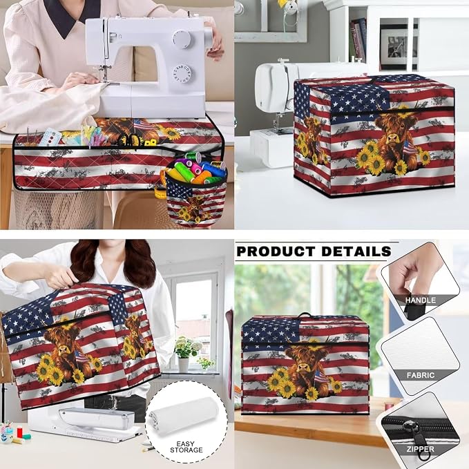 Cow American Flag Sewing Machine Dust Cover & Mat with Pockets for Sewing Accessories Muffling Mat Reduce Vibration Movement Home Decor - Image 3