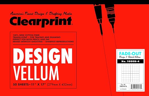 Clearprint 11" x 17" 1000H Design Vellum Pad with Printed Fade-Out 4x4 Grid, 16 lb., 100% Cotton, 50 Sheets, 1 Each by Clearprint