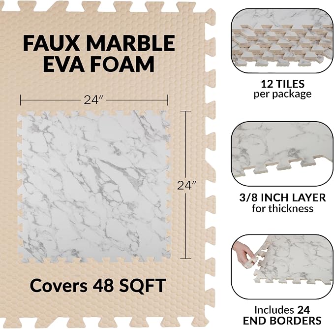 EVA Foam Floor Tiles 12-Pack - 48SQFT Puzzle Mat - Interlocking Foam Tiles for Baby Play Mat or Gym Flooring for Exercise by Stalwart (Faux Marble) - Image 2