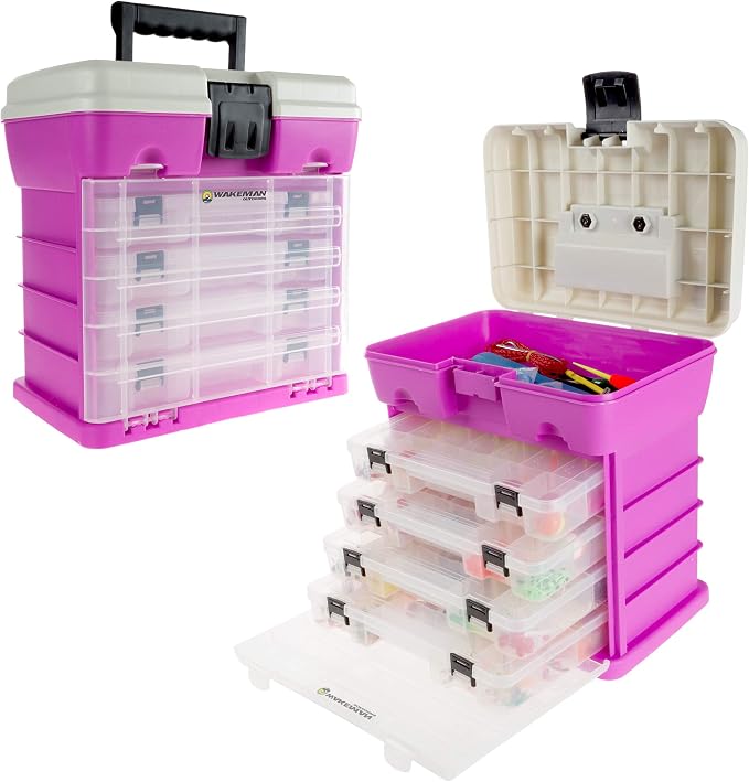 Storage Tool Box Organizer - Utility Box with 4 Drawers and 19 Compartments for Camping Supplies and Fishing Tackle by Wakeman Outdoors (Pink) by Wakeman