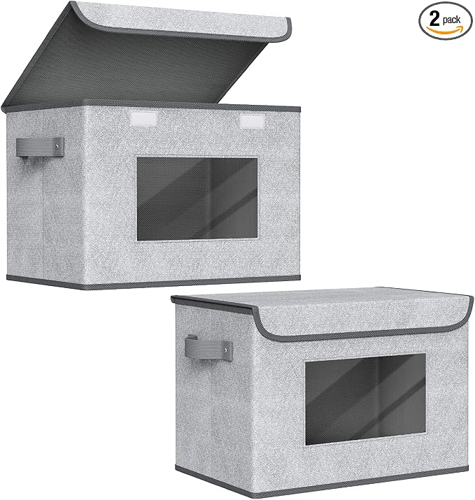 Univivi Larger Fabric Collapsible Storage Bins, Foldable Storage Boxes with Lids, Storage Cube Organizer Basket for Home, Closet, Bedroom(Gray, 17“ x 12” x 12") | 17 x 12 x 12 In Clothes Storage Bins with Handles & Window, Foldable Closet Organizers an... by Univivi