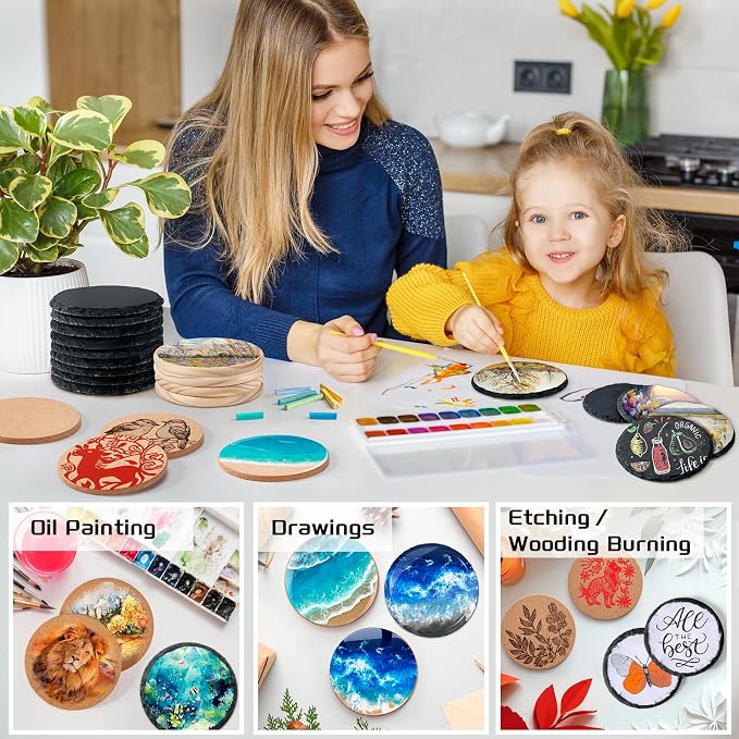 100PCS Round Slate and Cork Drink Coasters Bulk for Laser Engraving | 4 Inch Natural Blank Black Stone, Cork Coasters, 50PCS Each, Engravable Materials for Beginners, Gifts, Wedding, Crafts, DIY - Image 7