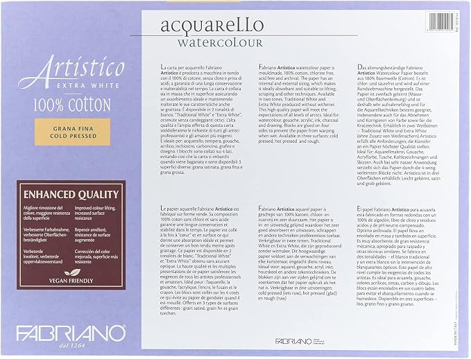 Fabriano Artistico Extra White Watercolor Block, 140 lb./300 GSM, Cold Press, 20 Sheets, 12" x 16" - Image 3