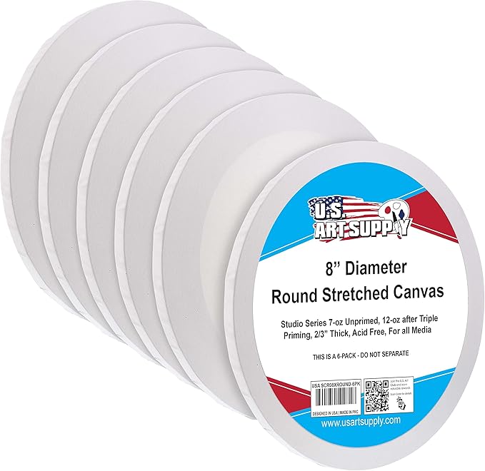 U.S. Art Supply 8 Inch Diameter Round 12 Ounce Primed Gesso Professional Quality Acid-Free Stretched Canvas (Pack of 6) by USArtSupply