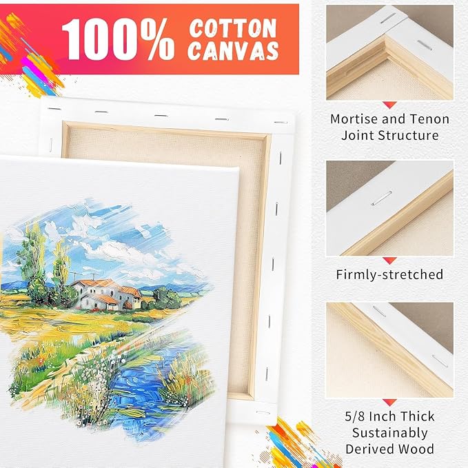 Stretched White Blank Canvas- 8x8 Inch,Bulk Pack of 12,Primed,100% Cotton,5/8 Inch Profile of Super Value Pack for Acrylics,Oils & Other Painting Media. - Image 2