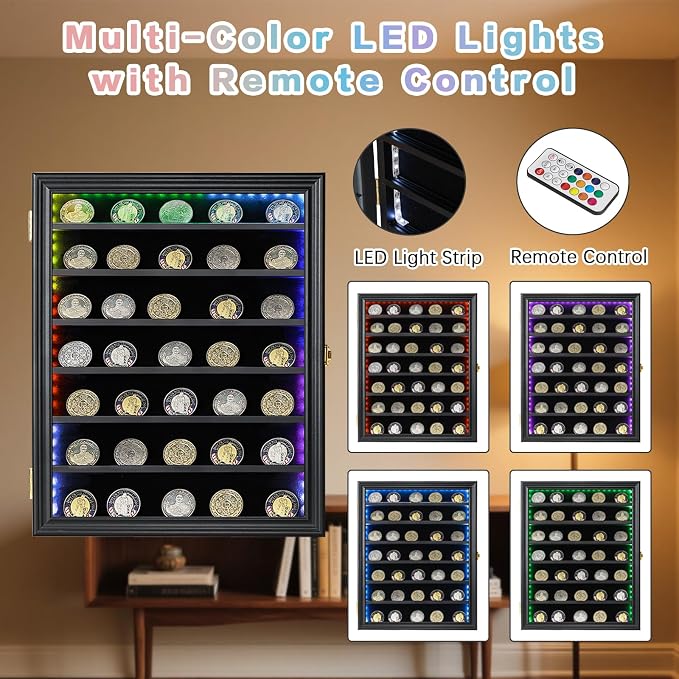 LED Military Challenge Coin Display Case - Lockable Cabinet Rack Holder Shadow Box with Removable 2 Grooves Shelves and Acrylic for Casino Poker Chips Collectibles, Large - Black with LED - Image 5