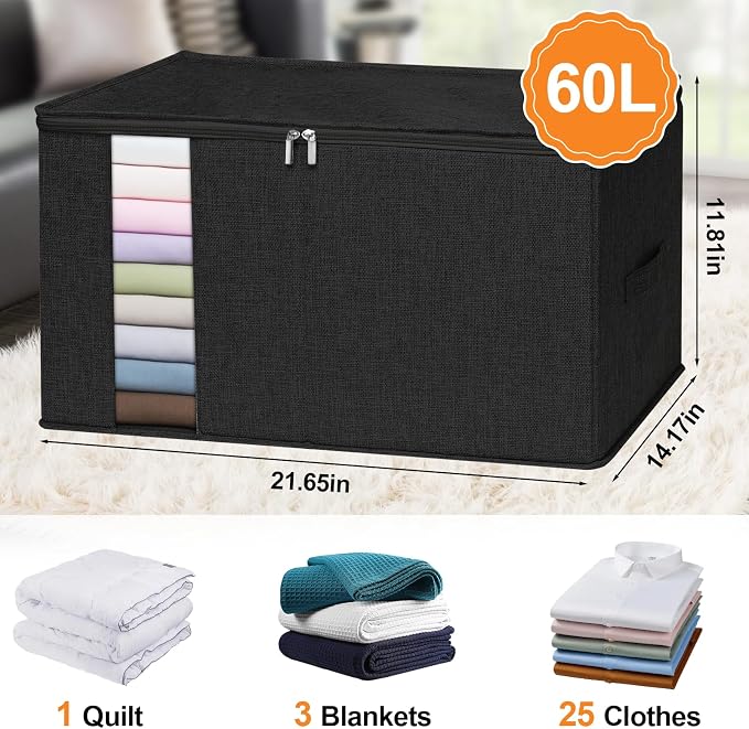 punemi 60L Comforter Storage Bags with Side & Bottom Support, 2 Pack, Black | Clear Window & Reinforced Handles, for Clothes,Pillow,Bedding & Blanket, Bedroom & Closet Organization - Image 2