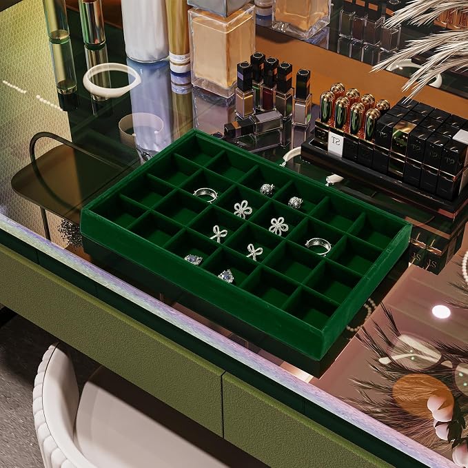 24-Grid Velvet Jewelry Tray for Ring & Earring Storage Green | 24 Compartments, Large Capacity, For Home & Commercial Use, Stackable - Image 2