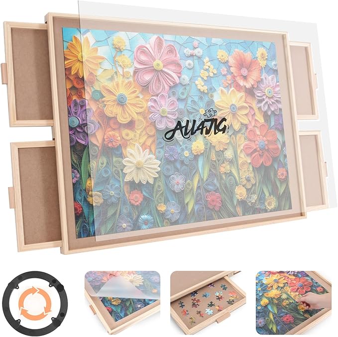 ALL4JIG 1000 Piece Rotating Puzzle Board with 4 Drawers 20.94"x28.74"Portable Wooden Jigsaw Puzzle Table for Adults,Lazy Susan Spinning Puzzle Boards Birthday Gift for mom,Surface for Lego Building by ALL4JIG