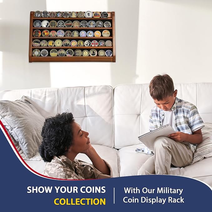 ASmileIndeep 5 Rows Challenge Coin Holder Display Stand Holds 50 Coins for Wall Mount or Tabletop, Solid Wood Military Coin Rack Display Case for Collectibles, Walnut - Image 6
