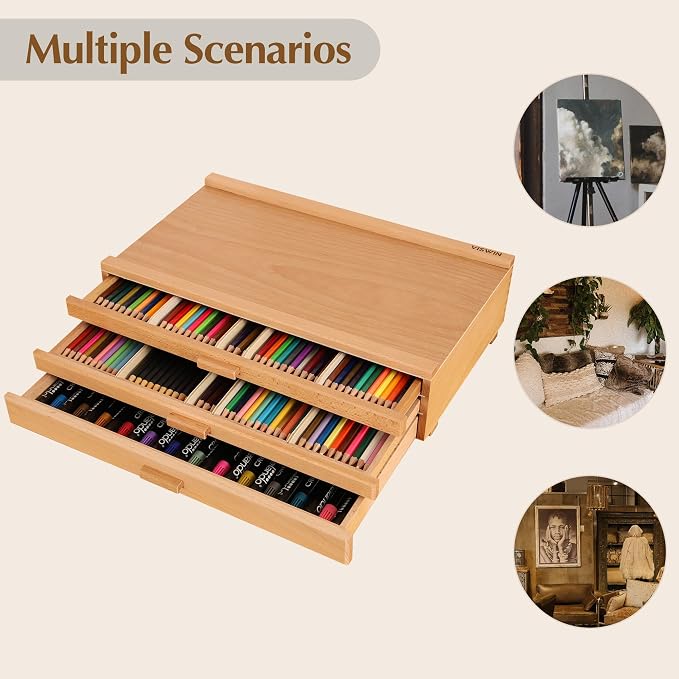 Upgraded 3-Drawer Wood Artist Supply Storage Box with Removable Dividers, Premium Beech Wood Art Storage Box, Portable Organizer Box for Paints, Pastels, Pencils, Brushes and Art Supplies - Image 6
