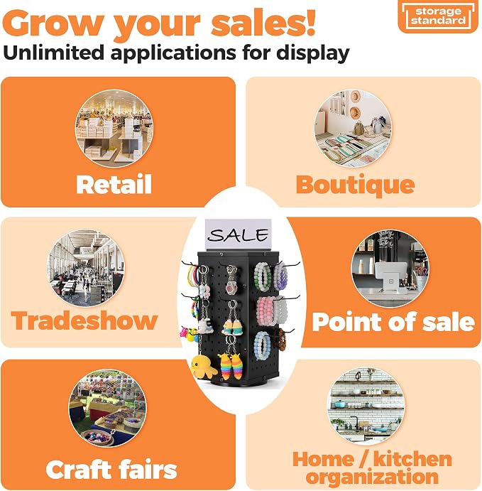 Rotating Pegboard Display Stand With 24 Hooks - Metal Spinning Peg Board Displays, Stands for Retail, Vendors, Selling & Shows - 4-Sided Craft Rack Organizer for Products, Accessories, Jewelry - Image 8
