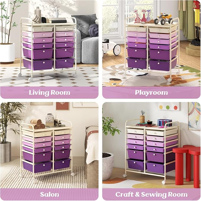 DREAMADE Rolling Cart with Storage Drawers, Utility Cart w/Removable Plastic Drawers, Lockable Wheels, Art Cart for Classroom Organization Art Supplies Office Scrapbook (12 Drawers, Purple Gradient) - Image 8