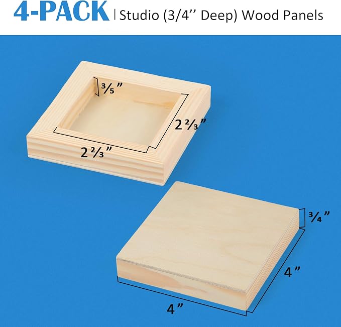 4 Pack 4x4’’ Unfinished Birch Wood Panels Kit for Painting | Studio 3/4’’ Deep Wooden Canvas, Cradle Boards for Acrylic Pouring, Art, Crafts, Epoxy Resin, Laser Engraving Cutting - Image 2