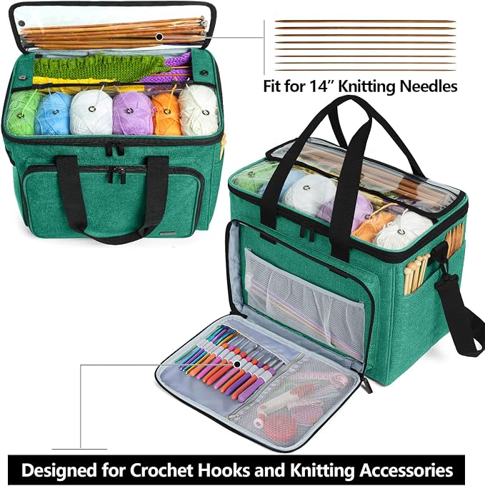 Teamoy Knitting Bag, Yarn Storage Organizer Crochet Bag Tote, Green | Yarn Holder with Inner Divider(Sewn to Bottom) for Crochet Hook, Knitting Needles(Up to 14"), Project and Crocheting Supplies - Image 3