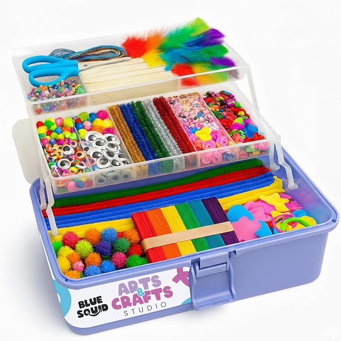 Blue Squid Arts & Crafts Box (Purple)- 2800+ pcs Deluxe Craft Supplies Box, 2 Drawers, 18 Compartments, Sturdy Handle - Art Crafting Kit Birthday Gifts for Kids, School Supply for Ages 4-12 by BlueSquid
