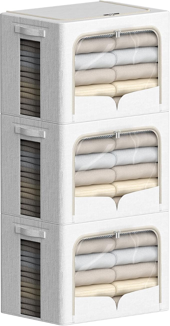 FHSQX 3 Pack Clothes Storage Bins - Foldable Metal Frame Storage Box - Stackable Linen Fabric Container Organizer Set with Carrying Handles and Clear Window (Cream White, 16.5x12.2x12.2inch(40L)) by FHSQX