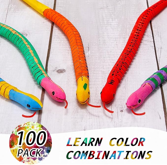 BBTO 100 Pieces Wooden Snake Bulk Jointed Flexible Unfinished Wooden Wiggly Snake with 12 Colors Acrylic Craft Paint and Paint Brush for Arts and Crafts Reptile Party Decoration - Image 3