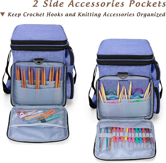 Yarwo Large Crochet Bag Knitting Tote, Yarn Storage Bag with Shoulder Strap | Organizer for Knitting Needles & Crochet Hook(Up to 14”), Clear Top Lid, Unfinished Project Compartment, 4 Yarn Holes, Blue - Image 4