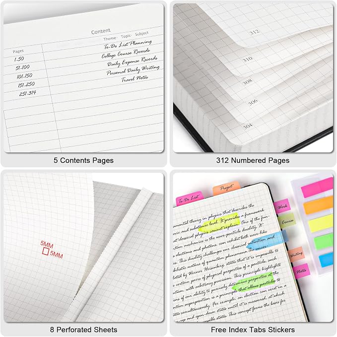 5 Pack Graph Paper Notebook Bulk, A5, 312 Numbered Pages Grid Journal Set | Cost-Effective 5 Pack 1600 Pages, 100gsm No Bleed Paper, Leather Hardcover, Lay-Flat, for Math, Engineering, Technical Notes - Image 3