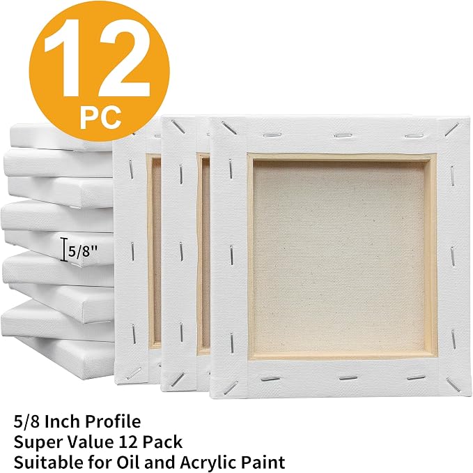 Stretched Canvas for Painting - 6x6 White Canvas Bulk Pack of 12,Primed,100% Cotton,5/8 Inch Profile of Super Value Pack for Acrylics,Oils & Other Painting Media. - Image 3