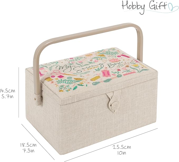 Hobby Gift Medium Sewing Box Organiser | Fabric Covered Storage Box, Handle, Internal Tray, Pin Cushion and Pocket, For Sewing, Quilting and Knitting Supplies - Image 3