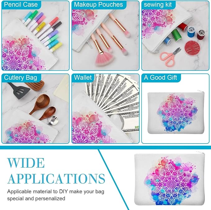 Frienda 50 Pcs Sublimation Blank Canvas Makeup Bags Bulk DIY Heat Transfer Canvas Pen Case Pencil Cosmetic Makeup Bags Clear Sublimation Blank Pouch with Zipper (7 x 4.3 Inch,White) - Image 4