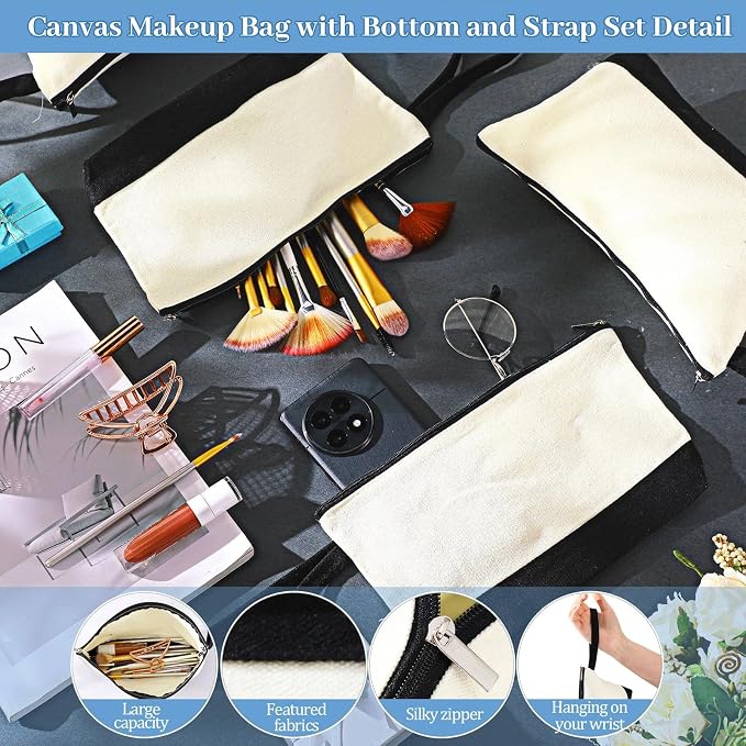 Silkfly 30 Pcs Cotton Canvas Makeup Bags Cosmetic Zipper Bags 10.2 x 5.5 x 2'' Blank DIY Pouch Bulk Pencil Case with Bottom Travel Toiletry Pouch for Women Craft Decor Gift (Black,Beige) - Image 4
