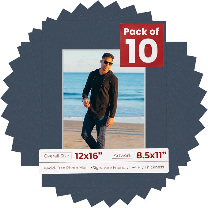 8.5x11 Mat for 12x16 Frame - Precut Mat Board Acid-Free Navy 8.5x11 Photo Matte Made to Fit a 12x16 Picture Frame, Premium Matboard for Family Photos, Show Kits, Art, Picture Framing, Pack of 10 Mats by PosterPalooza