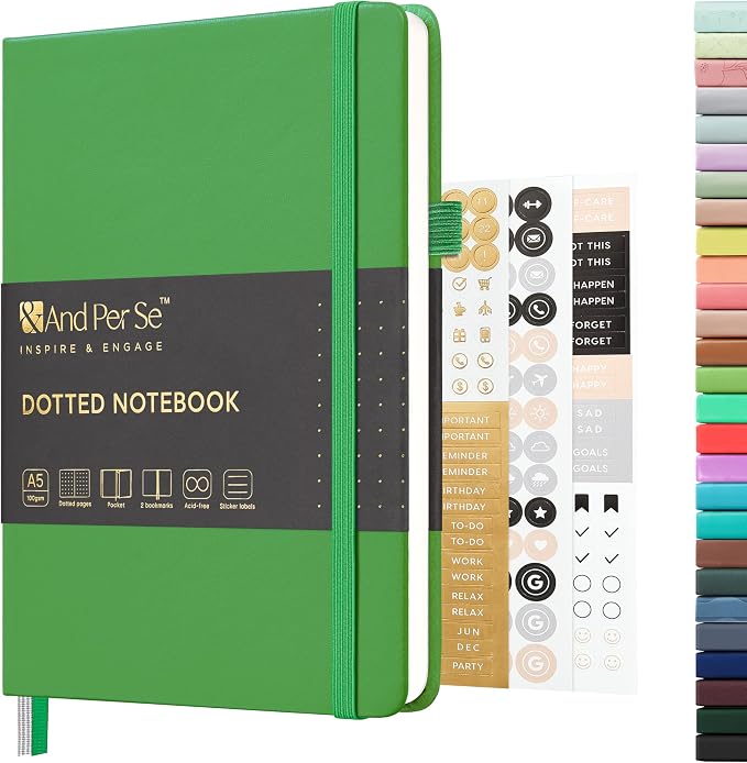 &And Per Se Dotted Journal Notebook, A5 Hardcover Leather Dotted Journal, 160 Pages 100gsm Thick Dot Grid Paper, 3 Sheets of Stickers Included - 5.7'' x 8'' (Emerald) by AndPerSe