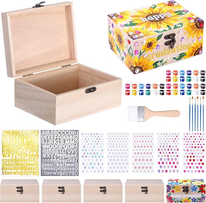 Fiwochic 6 Sets 2027 Senior Boxes Unfinished Wooden Boxes for Graduation Crafts DIY Graduation Memory Keepsake Box 6.7"x5.1"x3.1" with Paints Brushes Gem Letter & Number Decals for Class of 2027 Gifts by Unknown