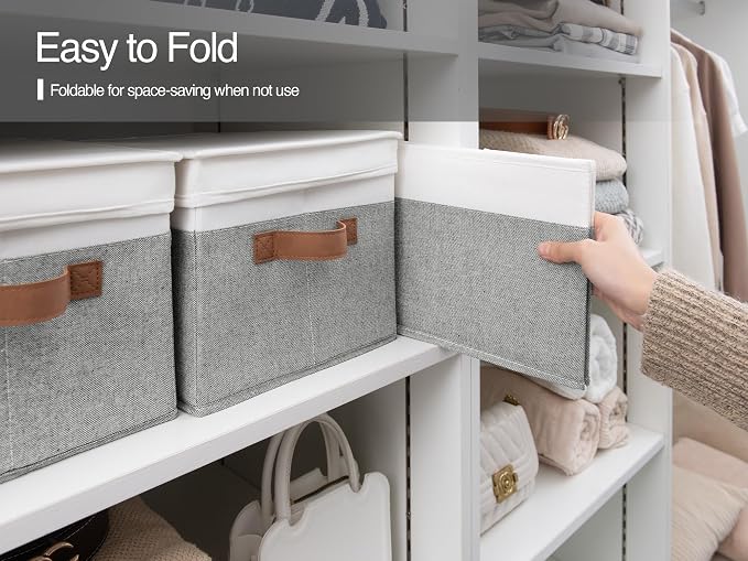 StorageWorks Storage Bins with Lids, Decorative Storage Boxes with Lid and PU Handles, Foldable Storage Baskets for Closet, Shelves, Stackable, Gray and White, Jumbo, 3-Pack | Lidded Dust-proof, Easy Pull Handles, Foldable, Stackable, Ideal for Clothes... - Image 4