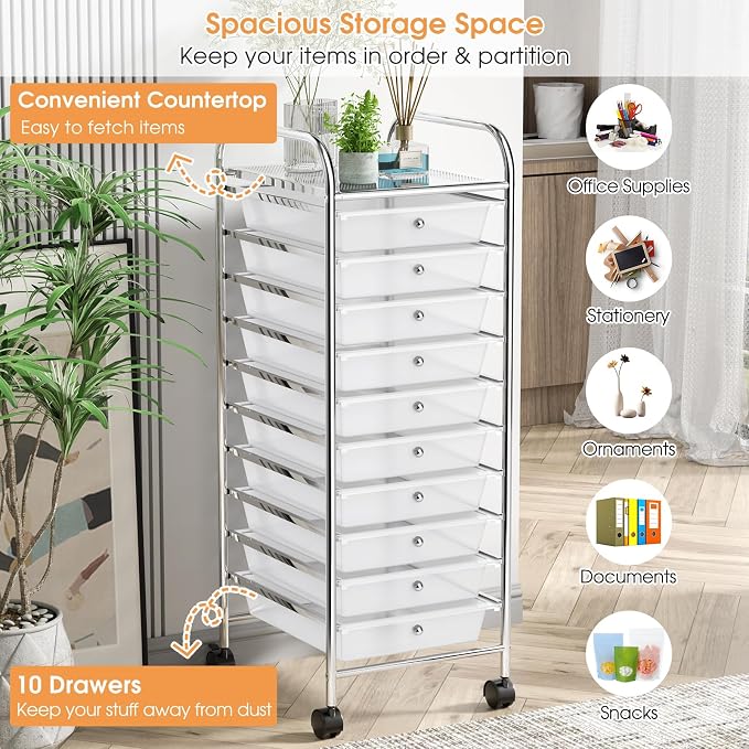 DREAMADE Rolling Cart with 10 Storage Drawers, Utility Cart with Removable Plastic Drawers, Lockable Wheels, Art Cart for Classroom Organization Art Supplies Office Scrapbook Tool Craft (Transparent) - Image 4