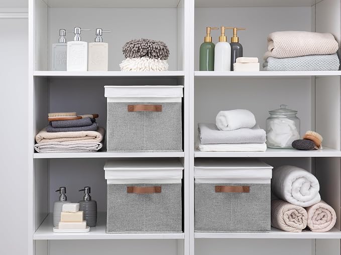StorageWorks Storage Bins with Lids, Decorative Storage Boxes with Lid and PU Handles, Foldable Storage Baskets for Closet, Shelves, Stackable, Gray and White, Jumbo, 3-Pack | Lidded Dust-proof, Easy Pull Handles, Foldable, Stackable, Ideal for Clothes... - Image 7